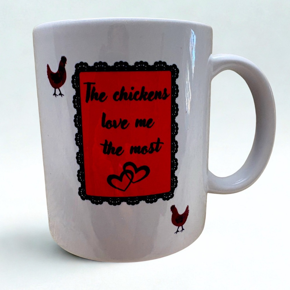 Homesteaders White Ceramic Mug with Red and Black Chicken Design New
